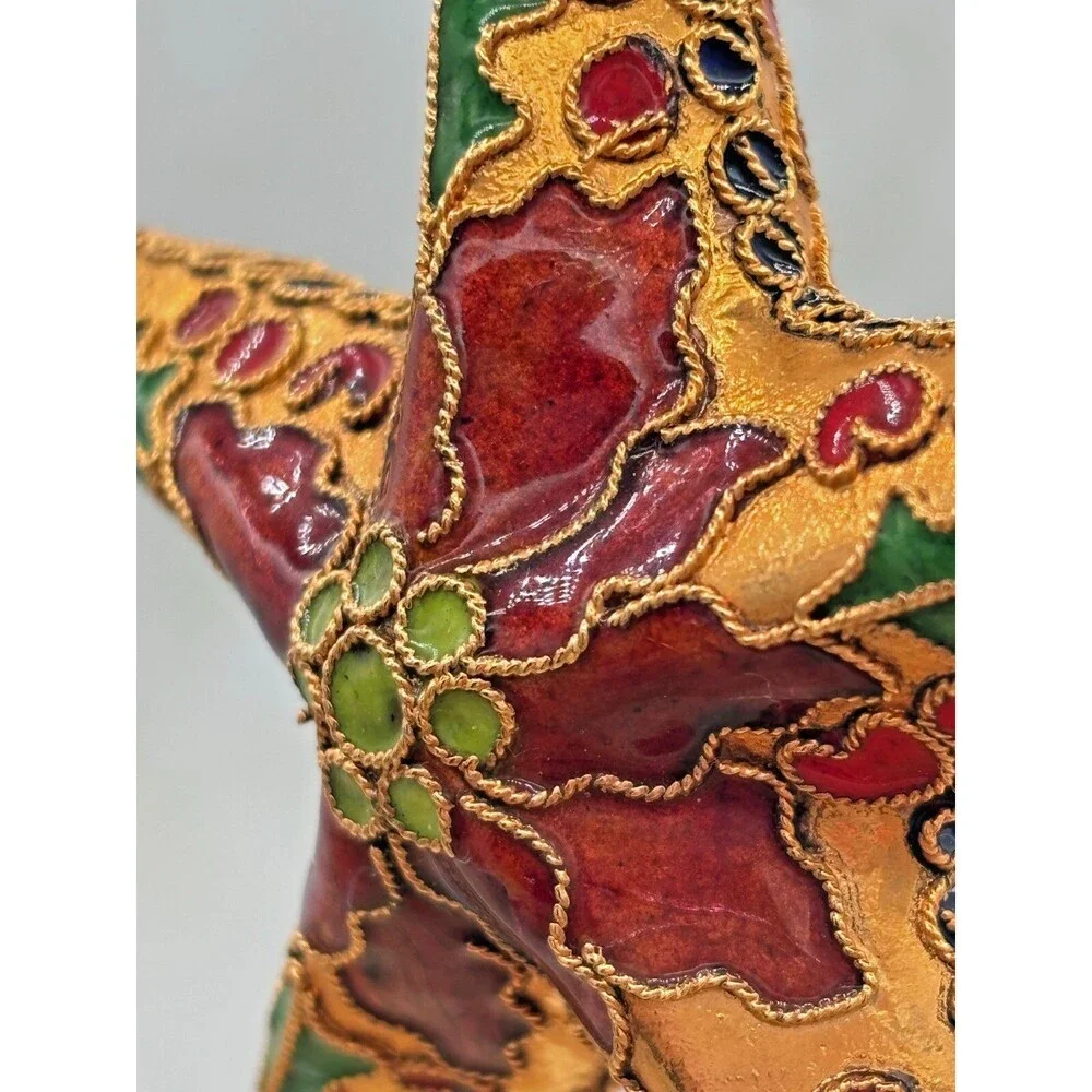 Cloisonne Red Enamel Gold Metal Holly Floral Star Christmas Hanging Ornament EUC